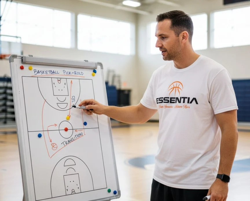 ESSENTIA basketball coach drawing a pick-and-roll play on a whiteboard