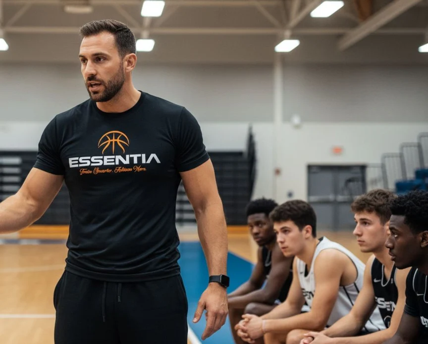 Basketball coach addressing players in a gym